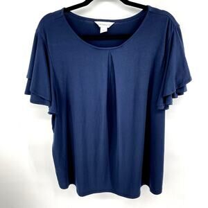 Liz Claiborne Women’s 2X Knit Dark Blue Blouse Ruffle Sleeve Office Top Shirt